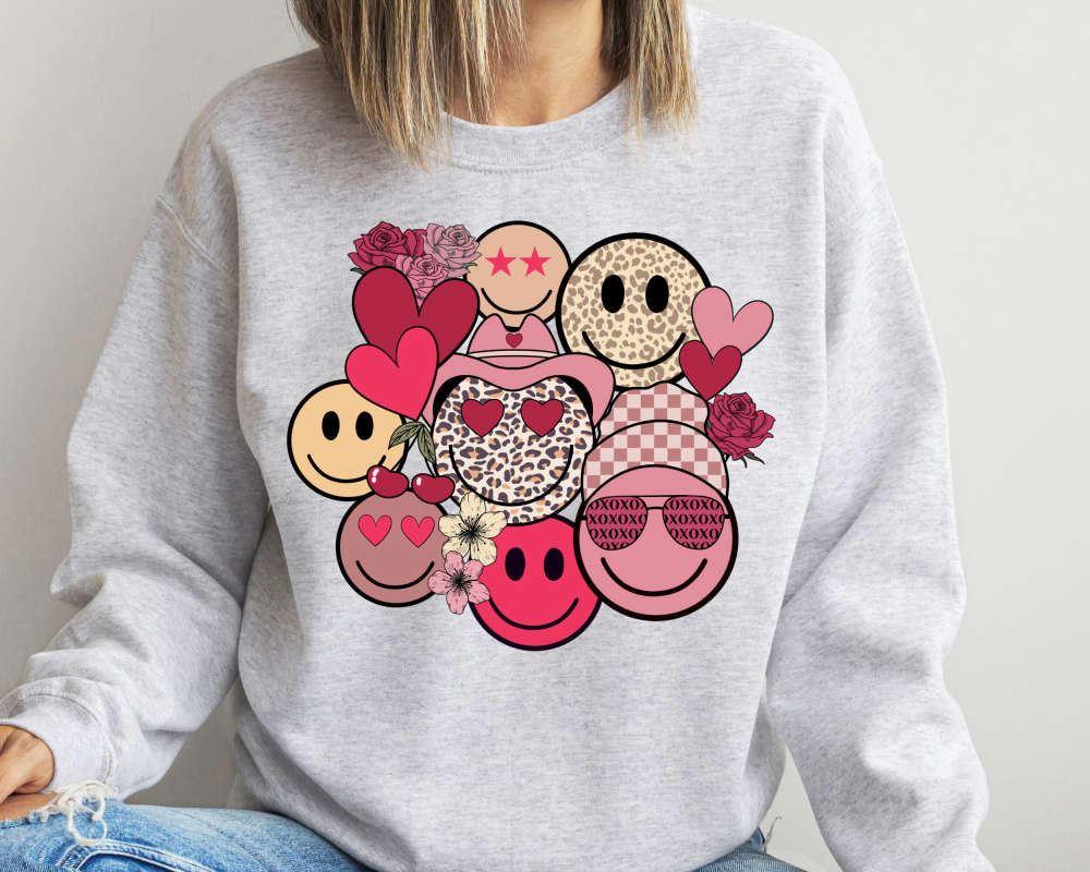 Valentines Sweatshirt, Valentines Day, Valentines Face Happy Sweatshirt, Womens Valentines Sweatshirt