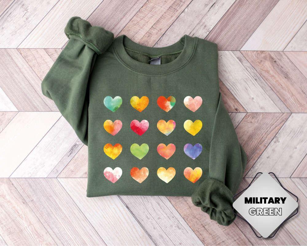 Valentines Sweatshirt, Watercolor Hearts Valentine Sweatshirt, Valentine Graphic Tee, Womens Valentines Sweatshirt