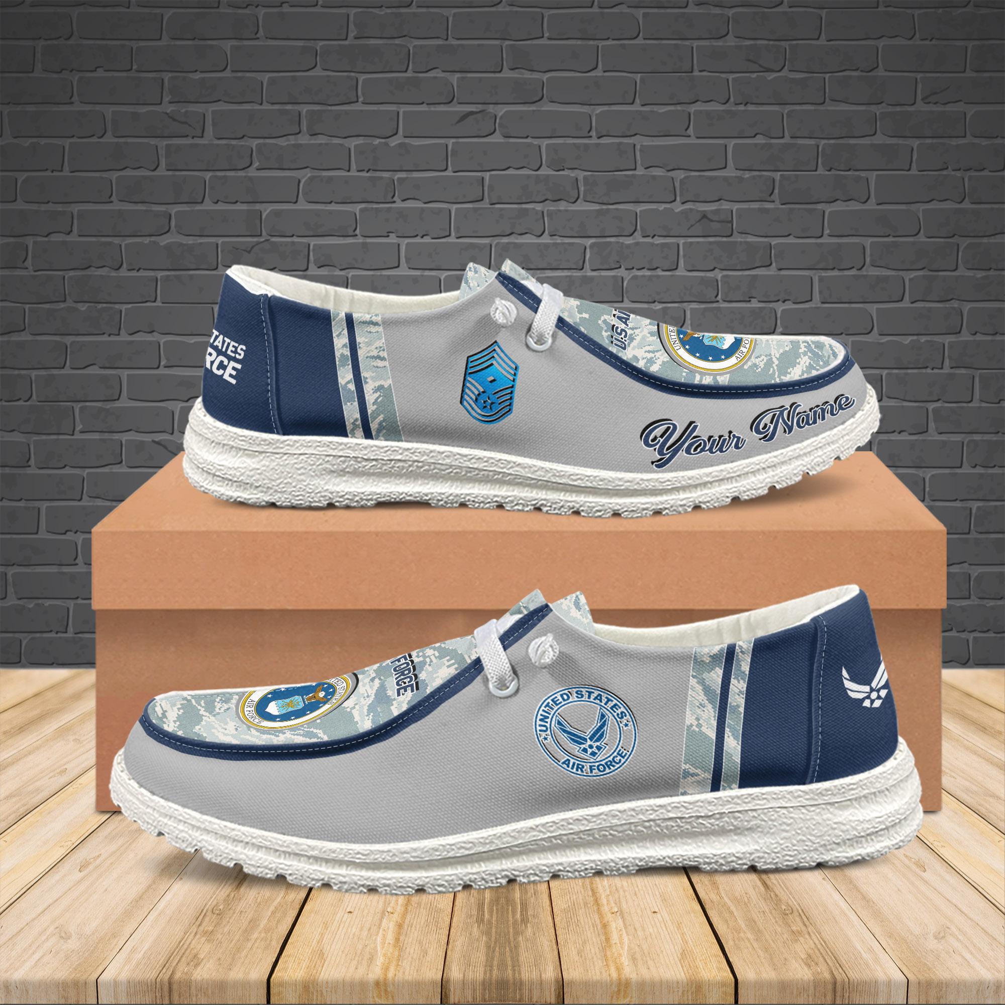 Veteran Canvas Loafer Shoes, Personalized Air Force Camouflage H-D Shoes With Your Name And Rank, Canvas Loafer Shoes