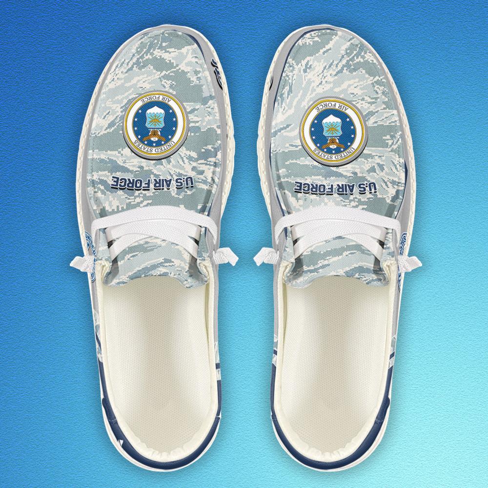 Veteran Canvas Loafer Shoes, Personalized Air Force Camouflage H-D Shoes With Your Name And Rank, Canvas Loafer Shoes