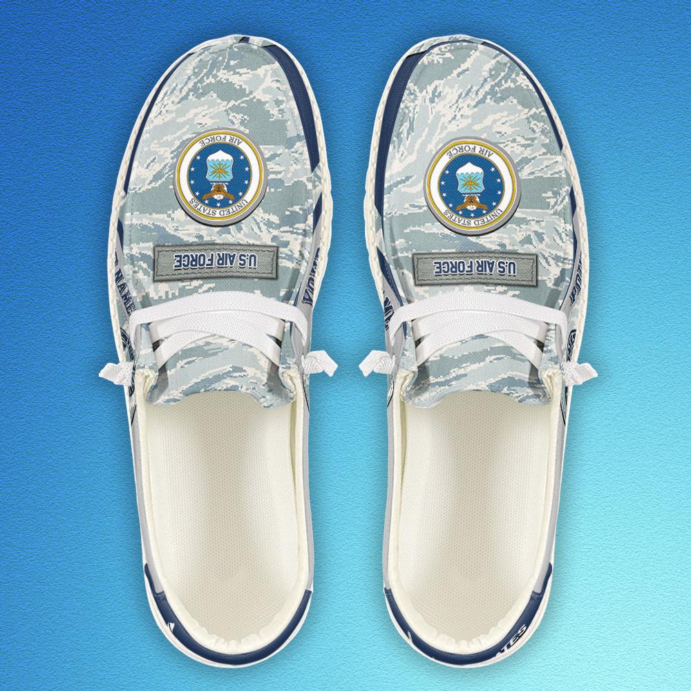 Veteran Canvas Loafer Shoes, Personalized US Air Force Camouflage H-D Shoes With Your Name And Rank, Canvas Loafer Shoes