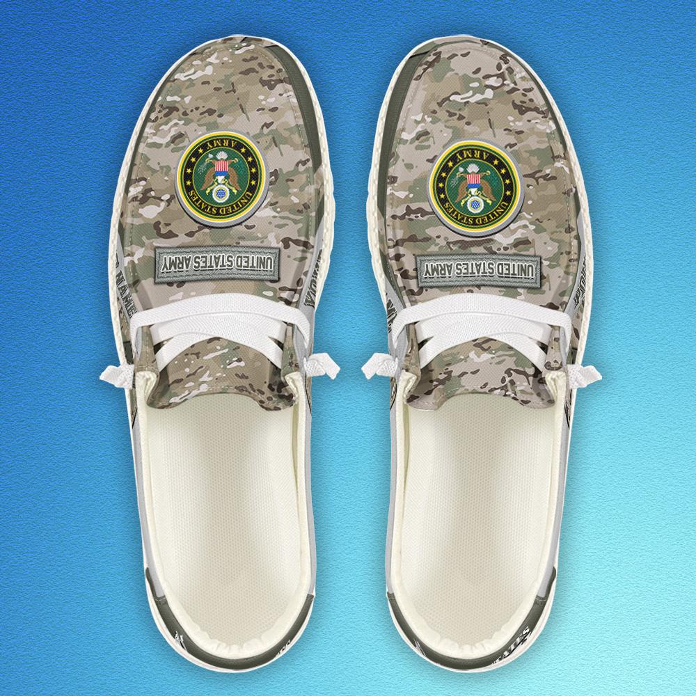 Veteran Canvas Loafer Shoes, Personalized US Army Camouflage H-D Shoes With Your Name And Rank, Canvas Loafer Shoes