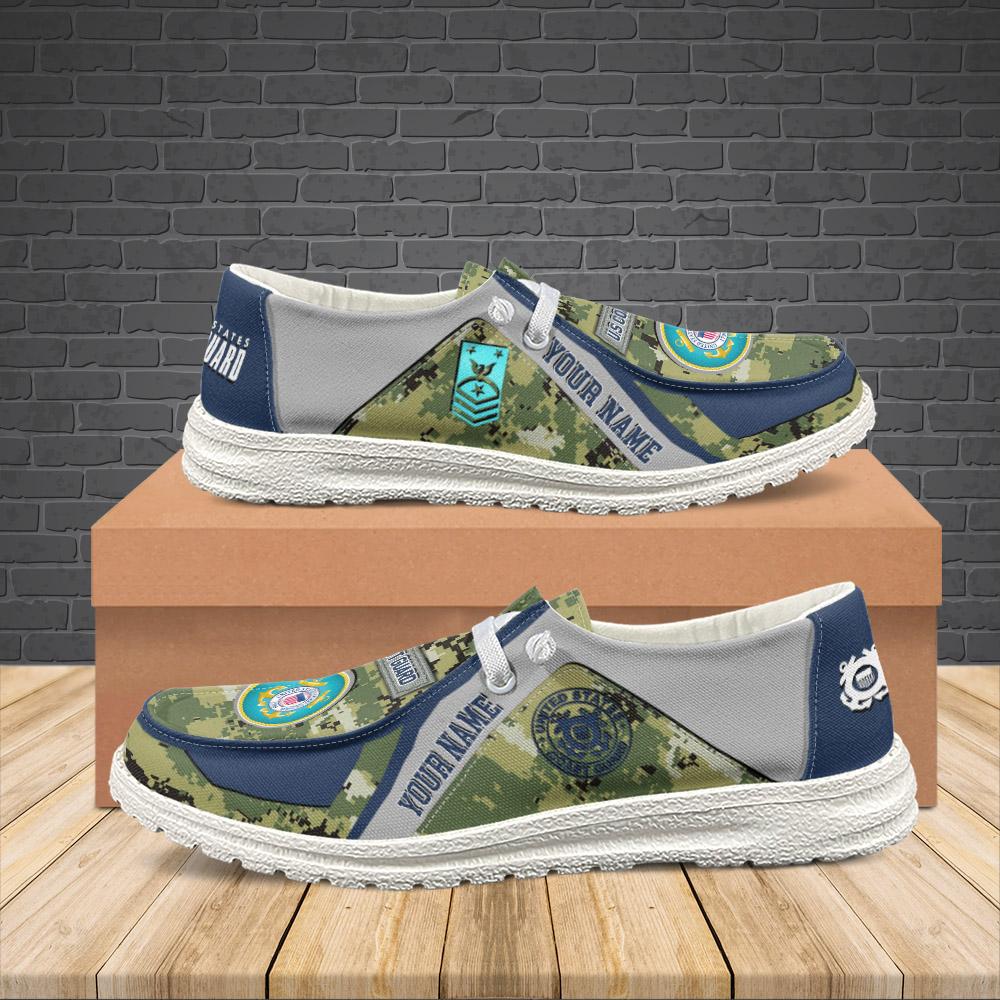 Veteran Canvas Loafer Shoes, Personalized US Coast Guard Camouflage H-D Shoes With Your Name And Rank, Canvas Loafer Shoes