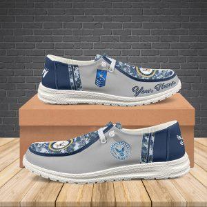 Veteran Canvas Loafer Shoes, Personalized US Navy Camouflage H-D Shoes With Name And Rank, Canvas Loafer Shoes