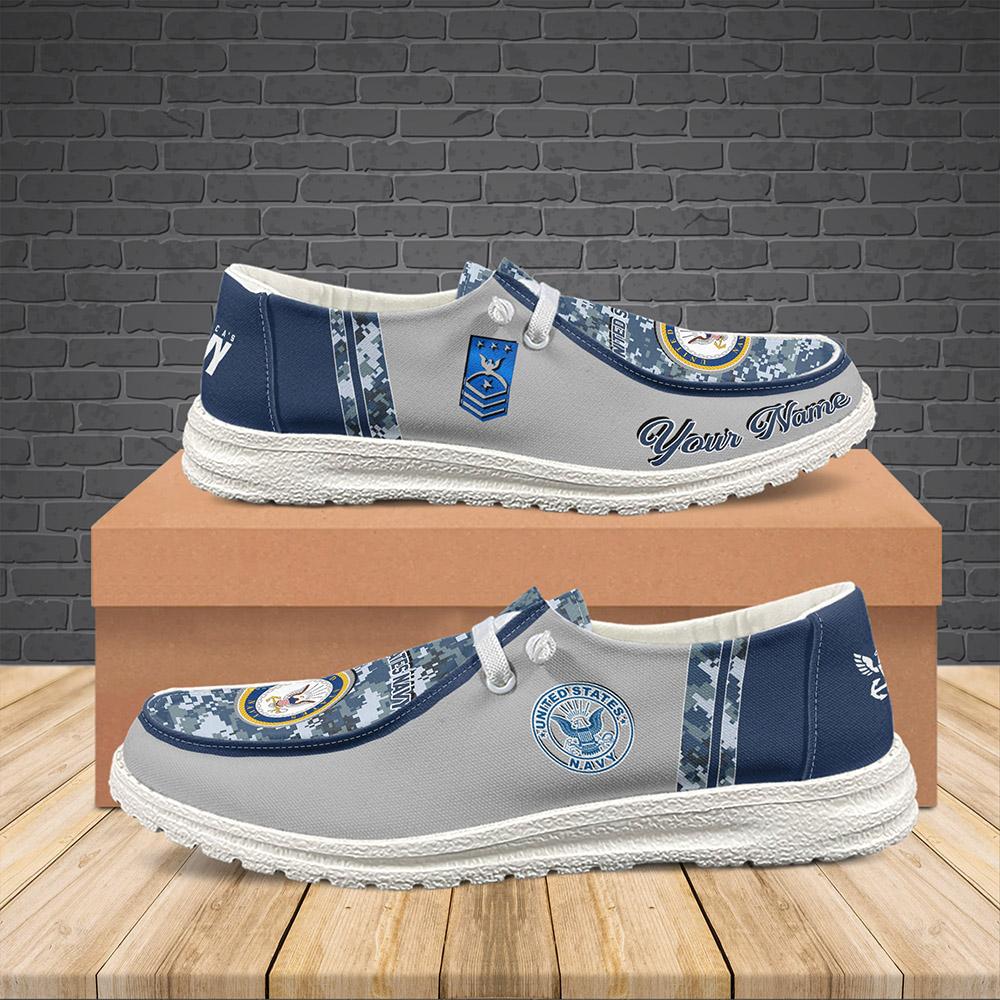 Veteran Canvas Loafer Shoes, Personalized US Navy Camouflage H-D Shoes With Name And Rank, Canvas Loafer Shoes