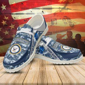 Veteran Canvas Loafer Shoes, Personalized US Navy Camouflage H-D Shoes With Your Name And Rank, Canvas Loafer Shoes