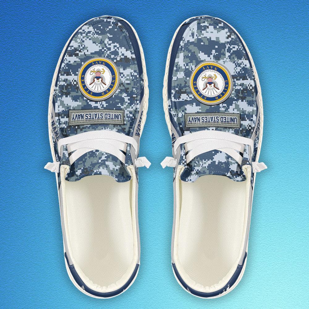 Veteran Canvas Loafer Shoes, Personalized US Navy Camouflage H-D Shoes With Your Name And Rank, Canvas Loafer Shoes