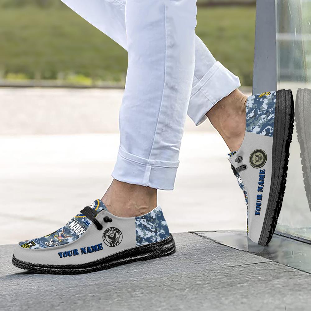 Veteran Canvas Loafer Shoes, Personalized US Navy H-D Shoes With Your Name And Rank, Canvas Loafer Shoes