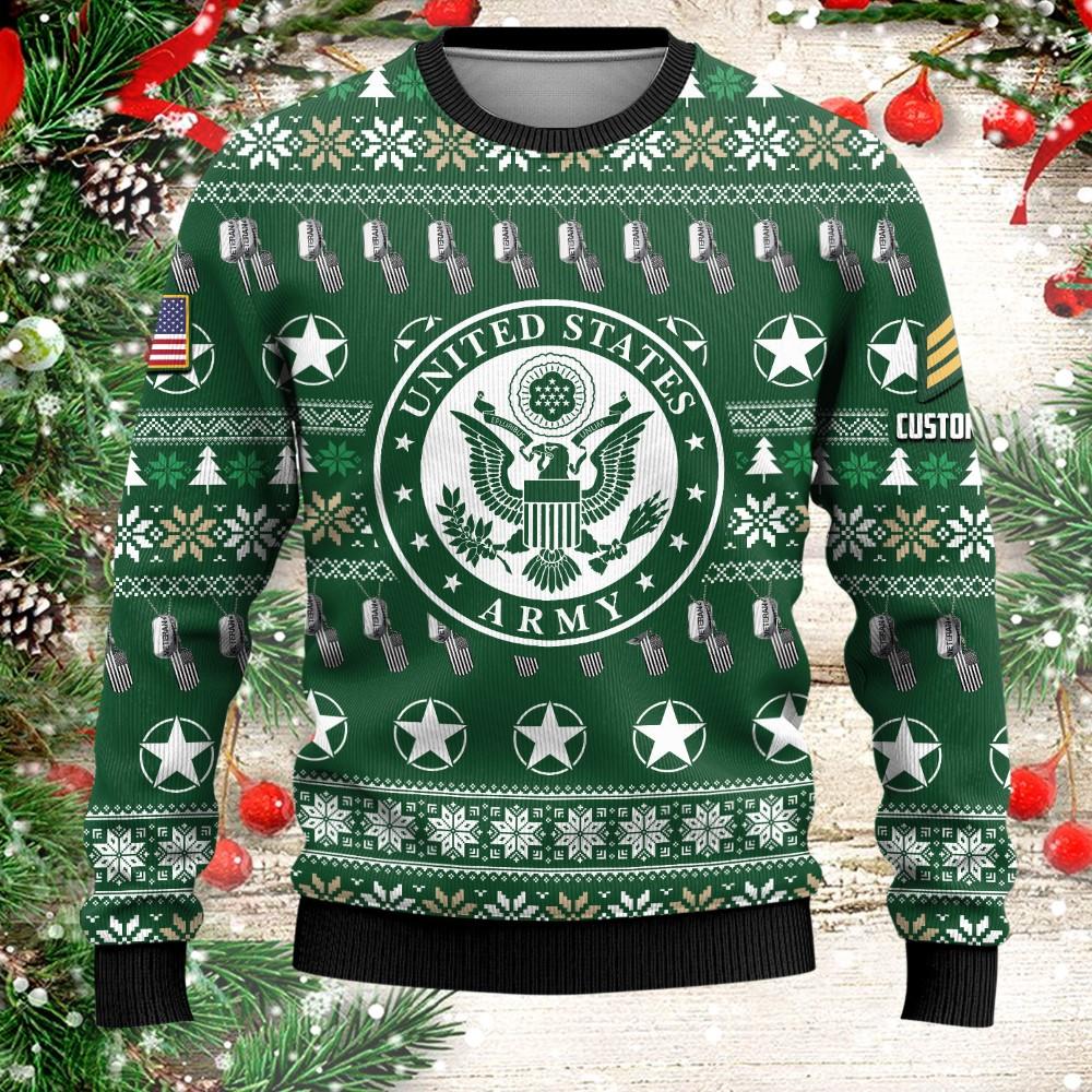 Veterans Sweater, Custom US Army Veteran Christmas Sweater With Your Military Rank, Military Sweater, Military Sweater Men’s