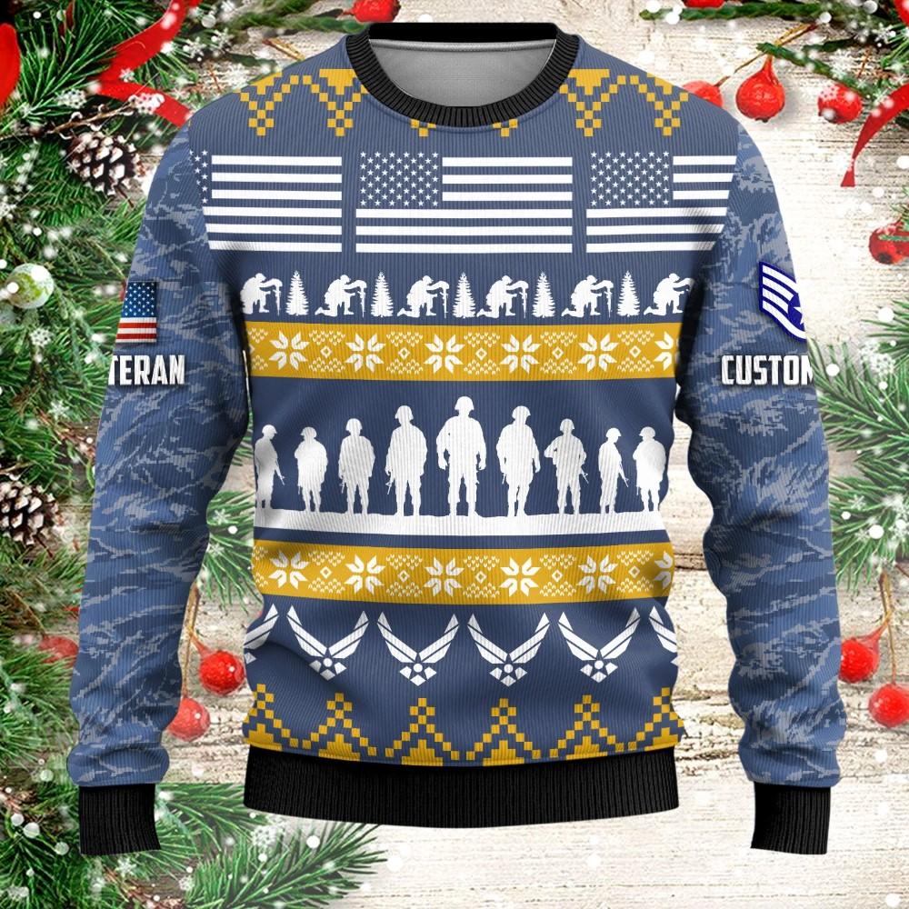 Veterans Sweater, Personalized US Air Force Veteran Christmas Knitted Sweater With Your Military Rank, Military Sweater, Military Sweater Men’s