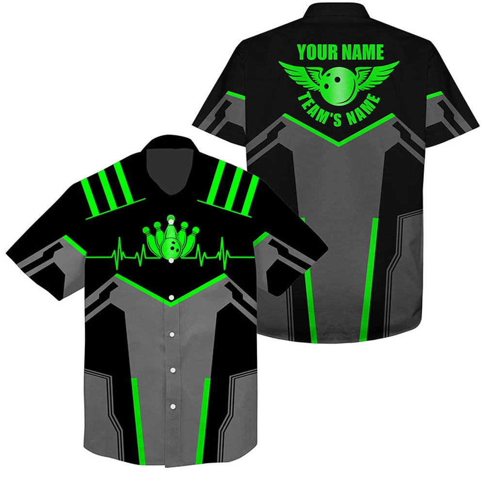 Bowling Hawaiian Shirt, Bowling Hawaiian Shirt Custom Name And Team Name Bowling Ball And Pins, Team Bowling Shirts Green
