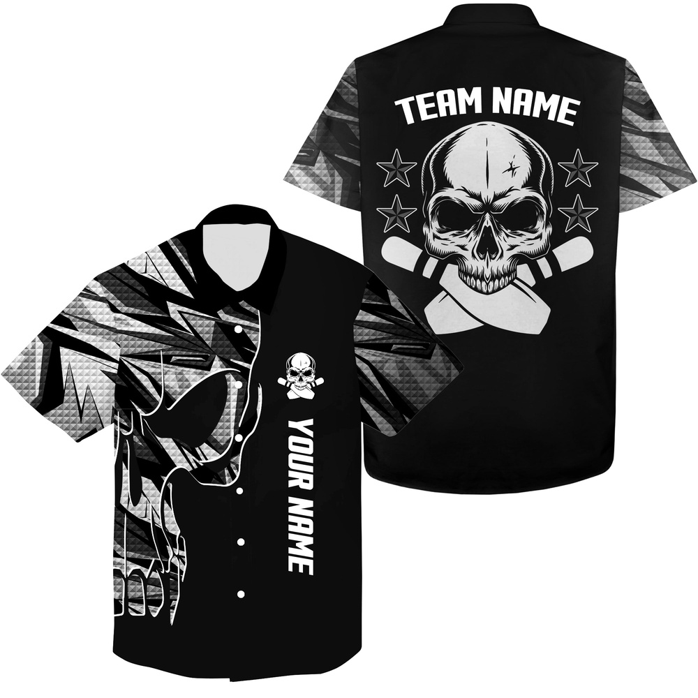 Bowling Hawaiian Shirt, Bowling Hawaiian Shirt Custom Name And Team Name Skull Bowling, Team Bowling Shirts White