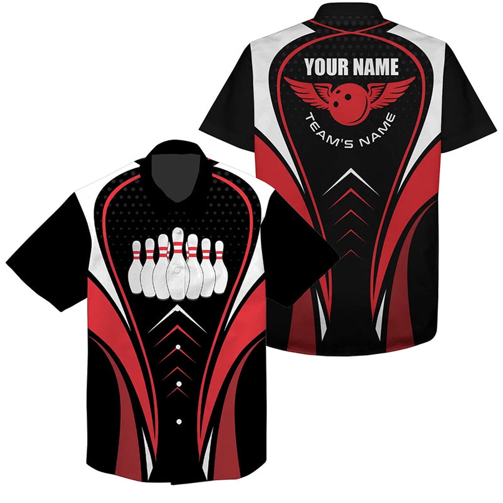 Bowling Hawaiian Shirt, Personalized 3D Bowling Hawaiian Shirts Custom Red White And Black Bowling Ball Team Button Up Shirts