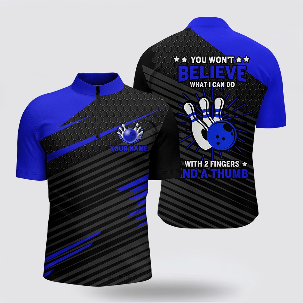 Bowling Jersey, Funny Bowling Shirt For Men, Blue & Black Custom Bowling Jersey 2 Fingers And A Thumb