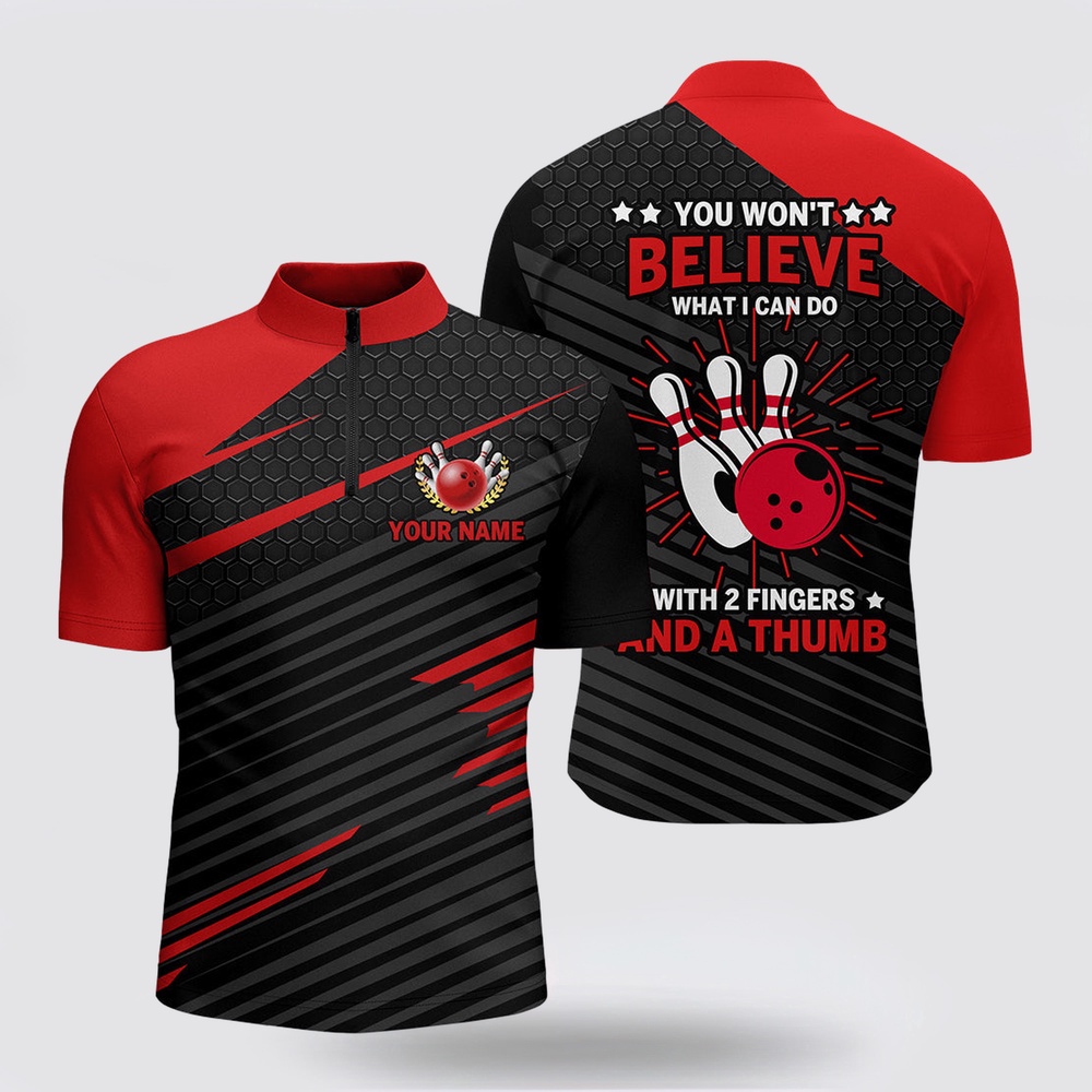Bowling Jersey, Funny Bowling Shirt For Men Red & Black Custom Bowling Jersey Bowling Jersey 2 Fingers And A Thumb