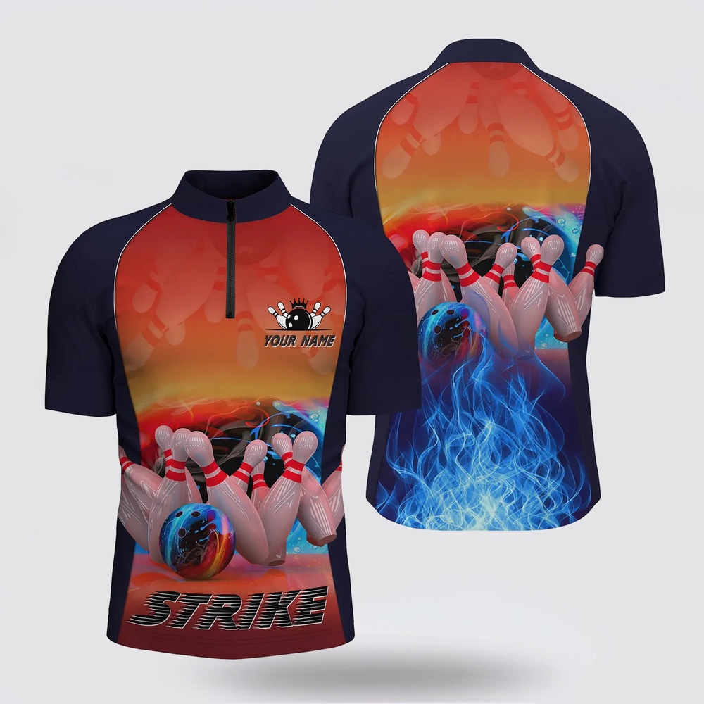 Bowling Jersey, Men’s Bowling Shirt Bowling Jersey Custom Name Blue Fire Bowling Strike Ball And Pins Bowling Jerseys
