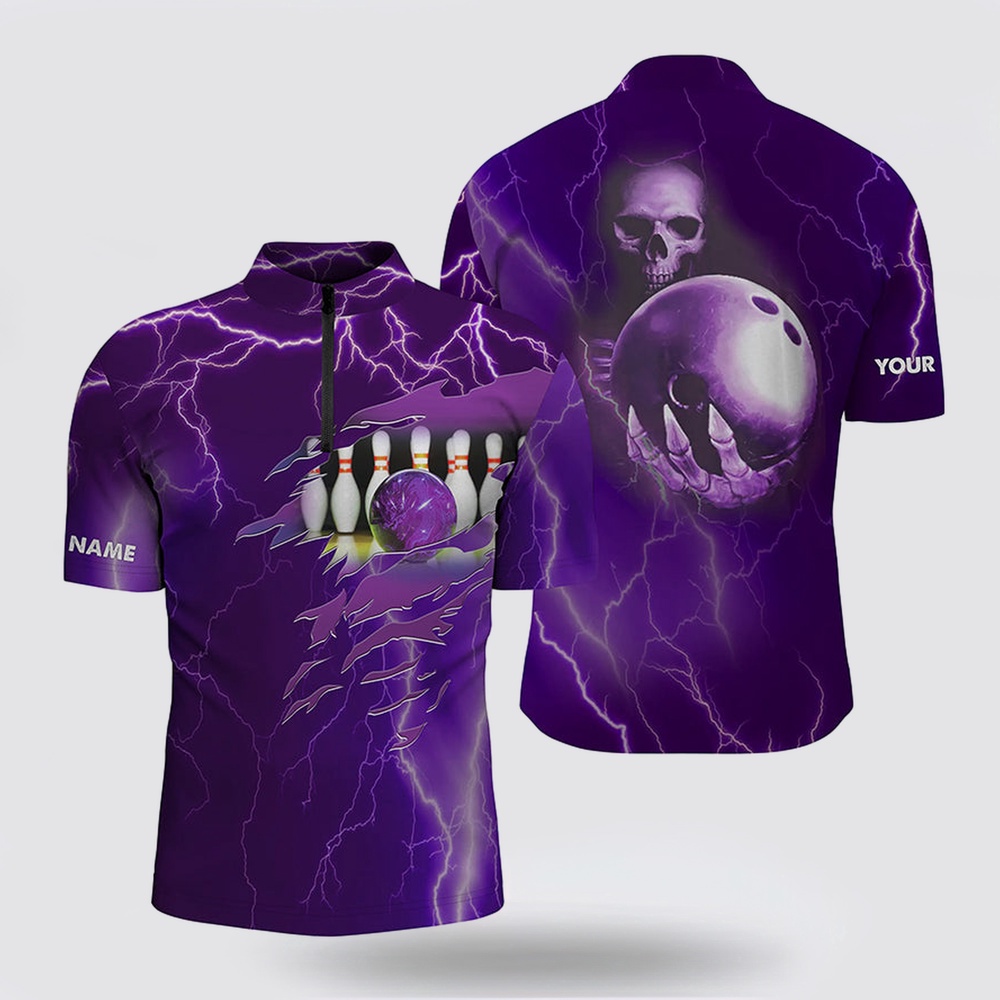Bowling Jersey, Personalized Bowling Bowling Jersey Shirt For Men Purple Lightning Custom Name Team Skull Bowling Jerseys