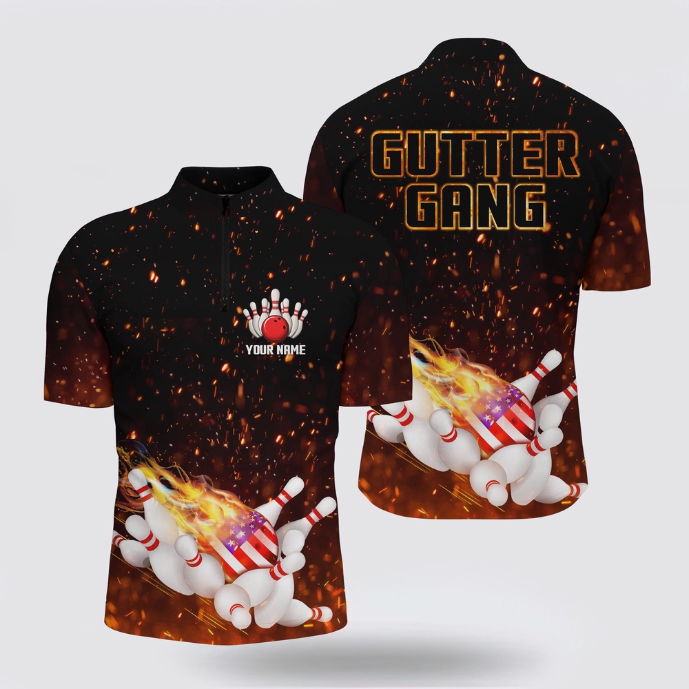 Bowling Jersey, Personalized Flame American Flag Bowling Bowling Jersey Shirt For Men Custom Gutter Gang Bowling Shirts