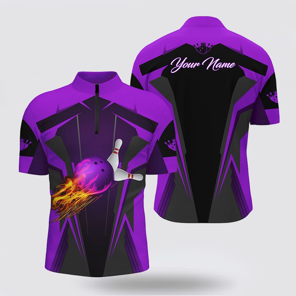 Bowling Jersey, Personalized Mens Bowling Jersey Shirt Flame Bowling Ball Pins, Bowling Jerseys For Bowlers  Purple