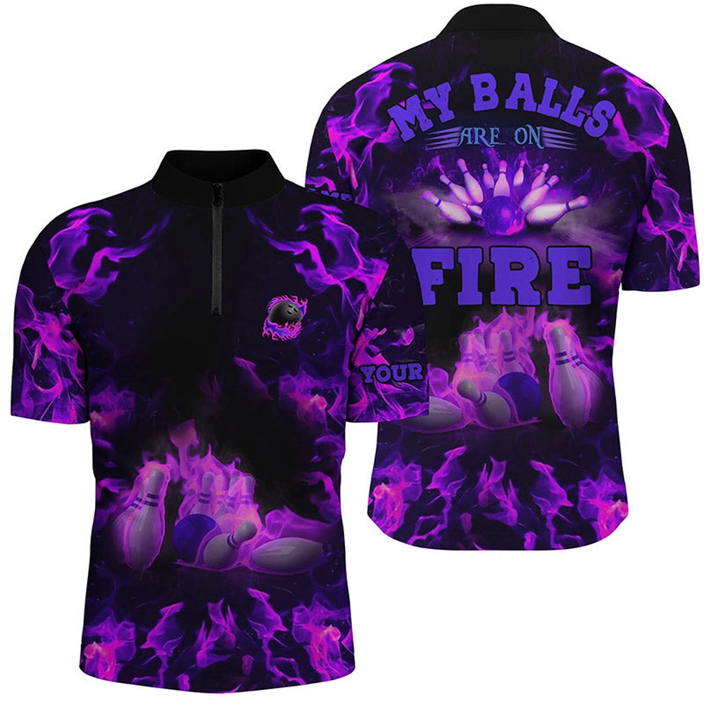 Bowling Jersey, Purple Flame Bowling Shirt Custom My Balls Are On Fire Bowling Jersey Shirts For Men, Bowling Jersey