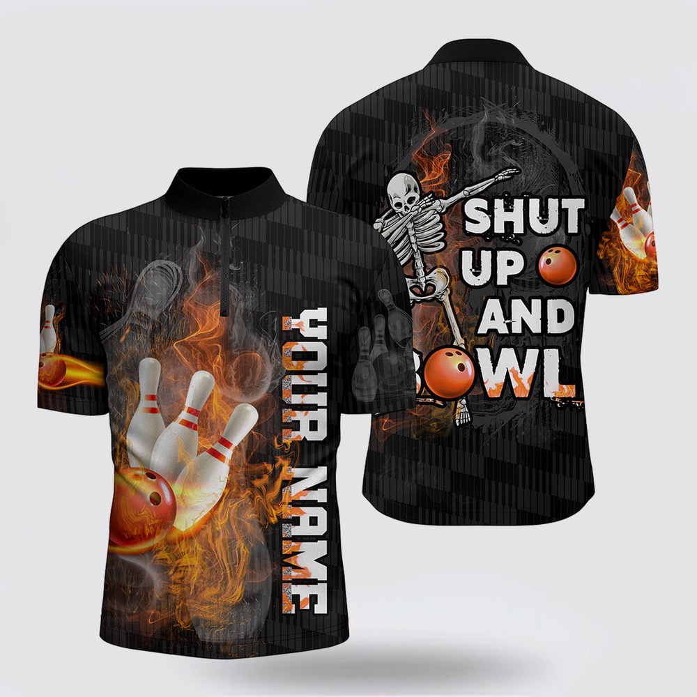 Bowling Jersey, Shut Up And Bowl, Funny Bowling Shirt For Men, Personalized Bowling Jersey Flame Skull Bowler Jersey