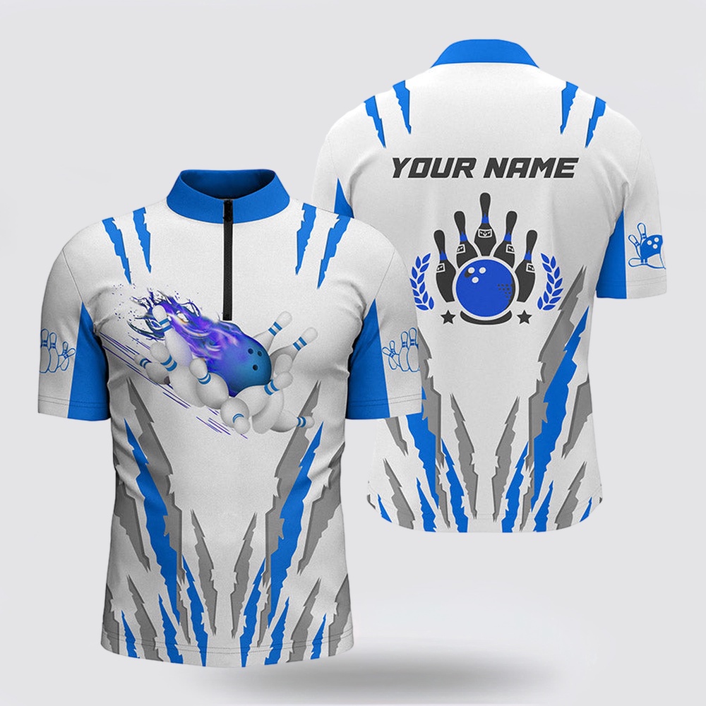 Bowling Jersey, White Bowling Bowling Jersey Shirts For Men Custom Name Flame Bowling Ball & Pins Bowling Jerseys Blue
