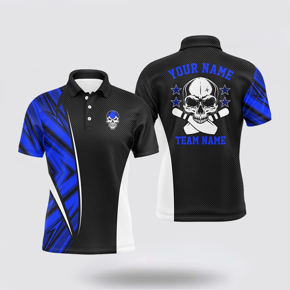 Bowling Polo Shirt, Black And Blue Camo Custom Camo Bowling Polo Shirts For Men, Team Skull Bowling Jerseys