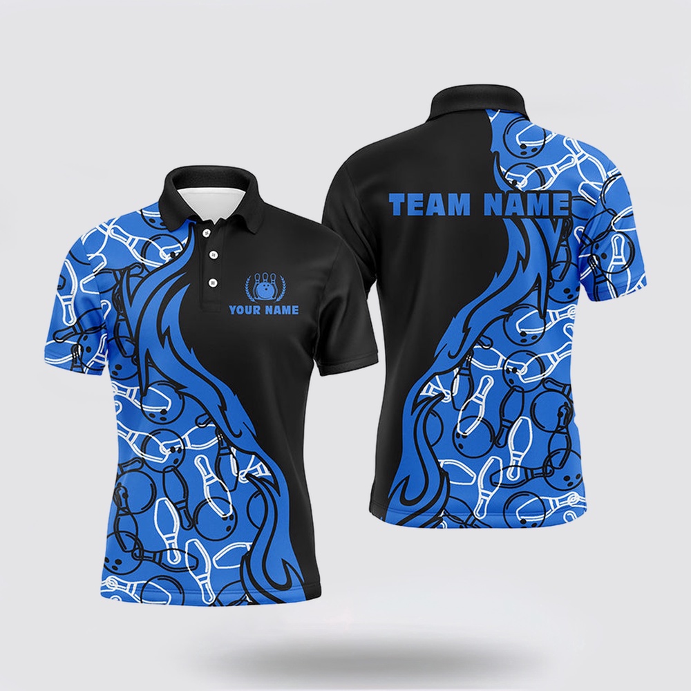 Bowling Polo Shirt, Black And Blue Pattern Bowling Polo Shirts For Men, Custom Team Bowling Jerseys For Men Bowlers
