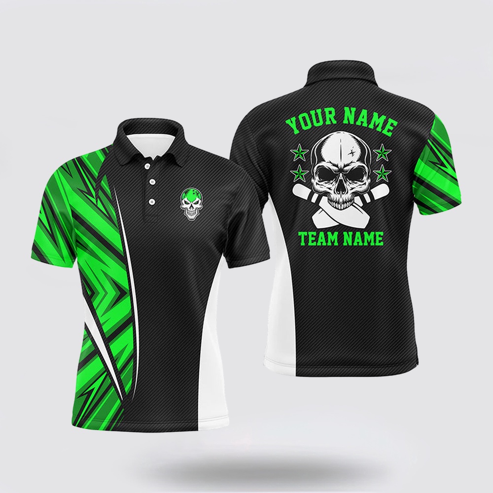 Bowling Polo Shirt, Black And Green Camo Custom Camo Bowling Polo Shirts For Men, Team Skull Bowling Jerseys Bowling Polo Shirt, Black And Green Camo Custom Camo Bowling Polo Shirts For Men, Team Skull Bowling Jerseys