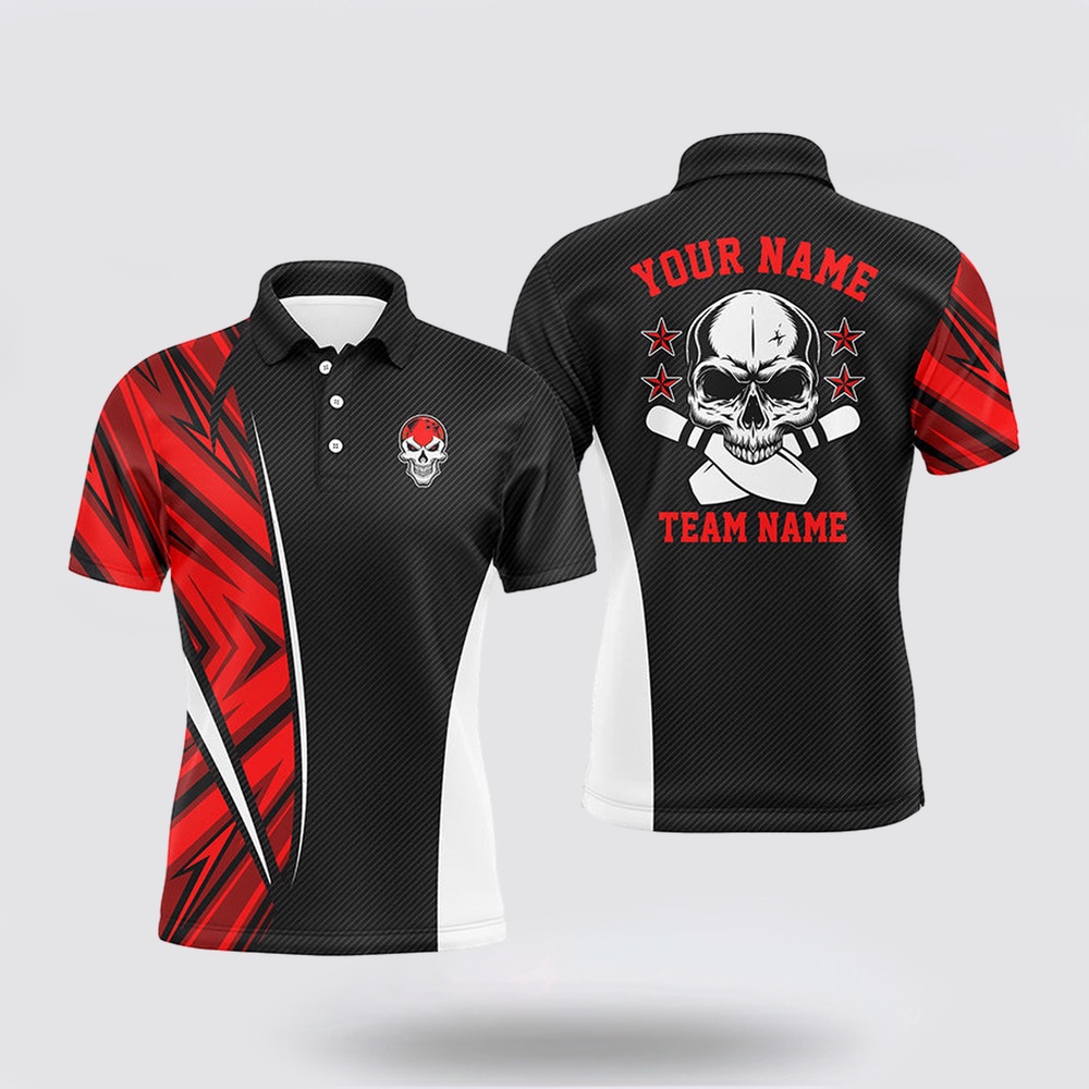 Bowling Polo Shirt, Black And Red Camo Custom Camo Bowling Polo Shirts For Men, Team Skull Bowling Jerseys Bowling Polo Shirt, Black And Red Camo Custom Camo Bowling Polo Shirts For Men, Team Skull Bowling Jerseys