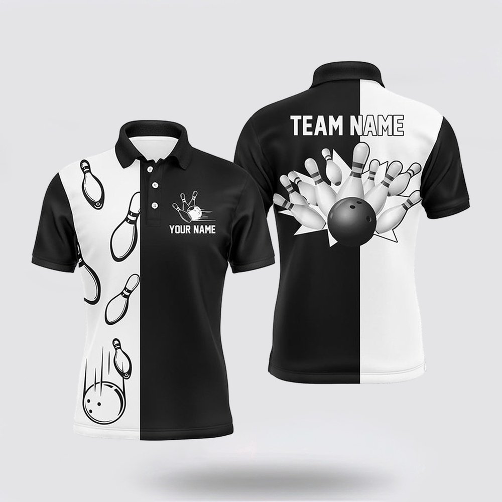 Bowling Polo Shirt, Black And White Retro Vintage Bowling Polo Shirts For Men Custom Bowling Team Jerseys Bowling Polo Shirt, Black And White Retro Vintage Bowling Polo Shirts For Men Custom Bowling Team Jerseys