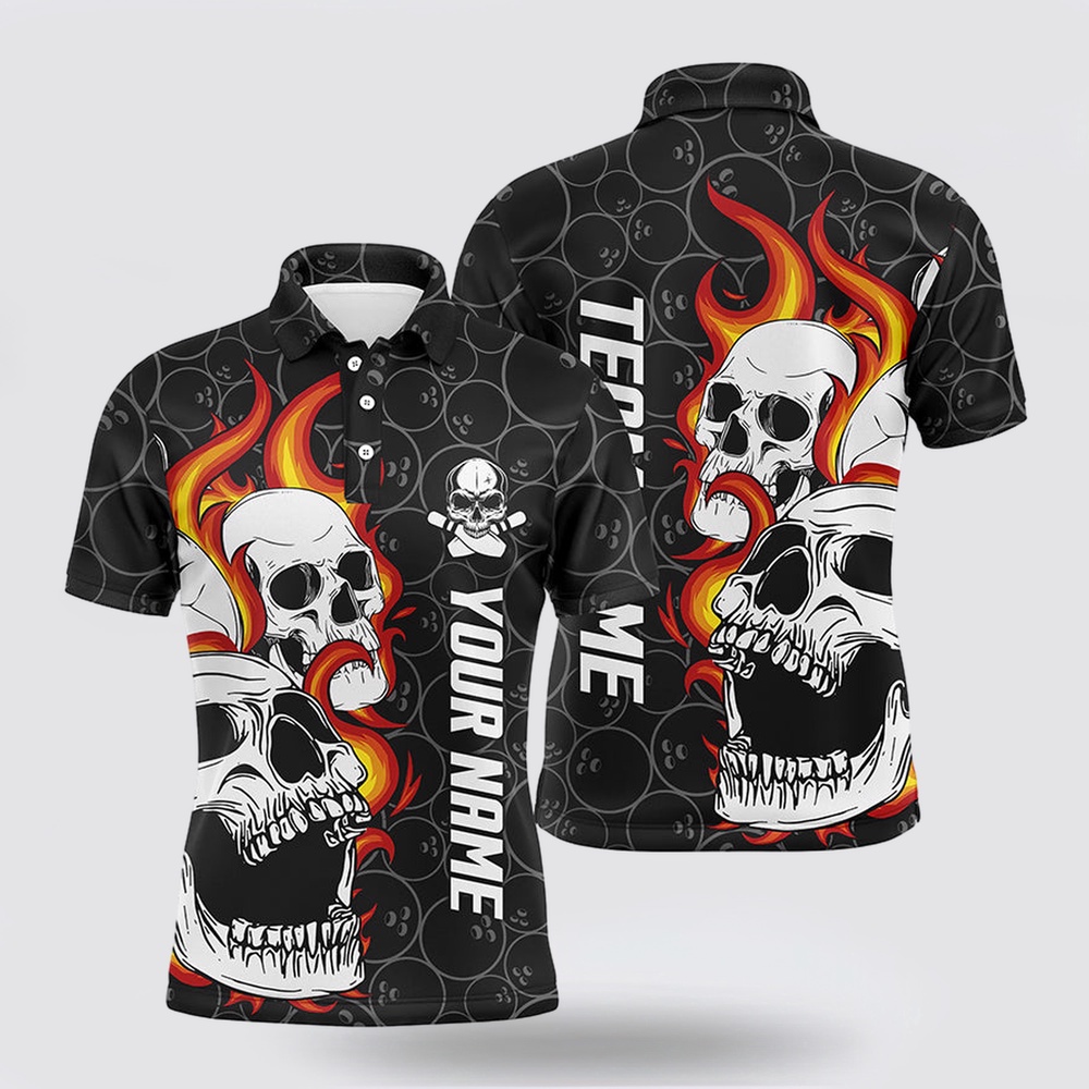 Bowling Polo Shirt, Black Camo Bowling Polo Shirts For Men Custom Flame Skull Bowling Team League Jerseys Bowling Polo Shirt, Black Camo Bowling Polo Shirts For Men Custom Flame Skull Bowling Team League Jerseys