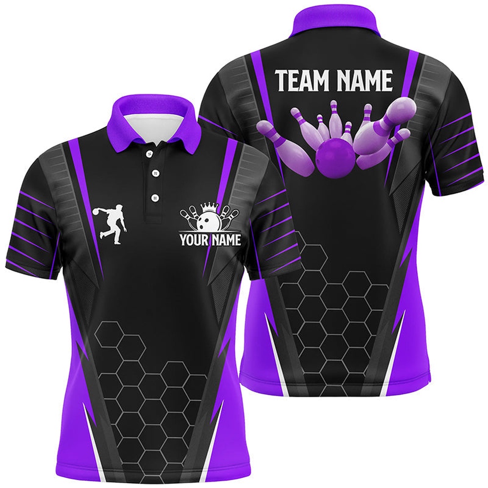 Bowling Polo Shirt, Black Mens Bowling Polo Shirt Custom Name Mens Bowlers Jersey, Team Bowling Outfits Purple Bowling Polo Shirt, Black Mens Bowling Polo Shirt Custom Name Mens Bowlers Jersey, Team Bowling Outfits Purple