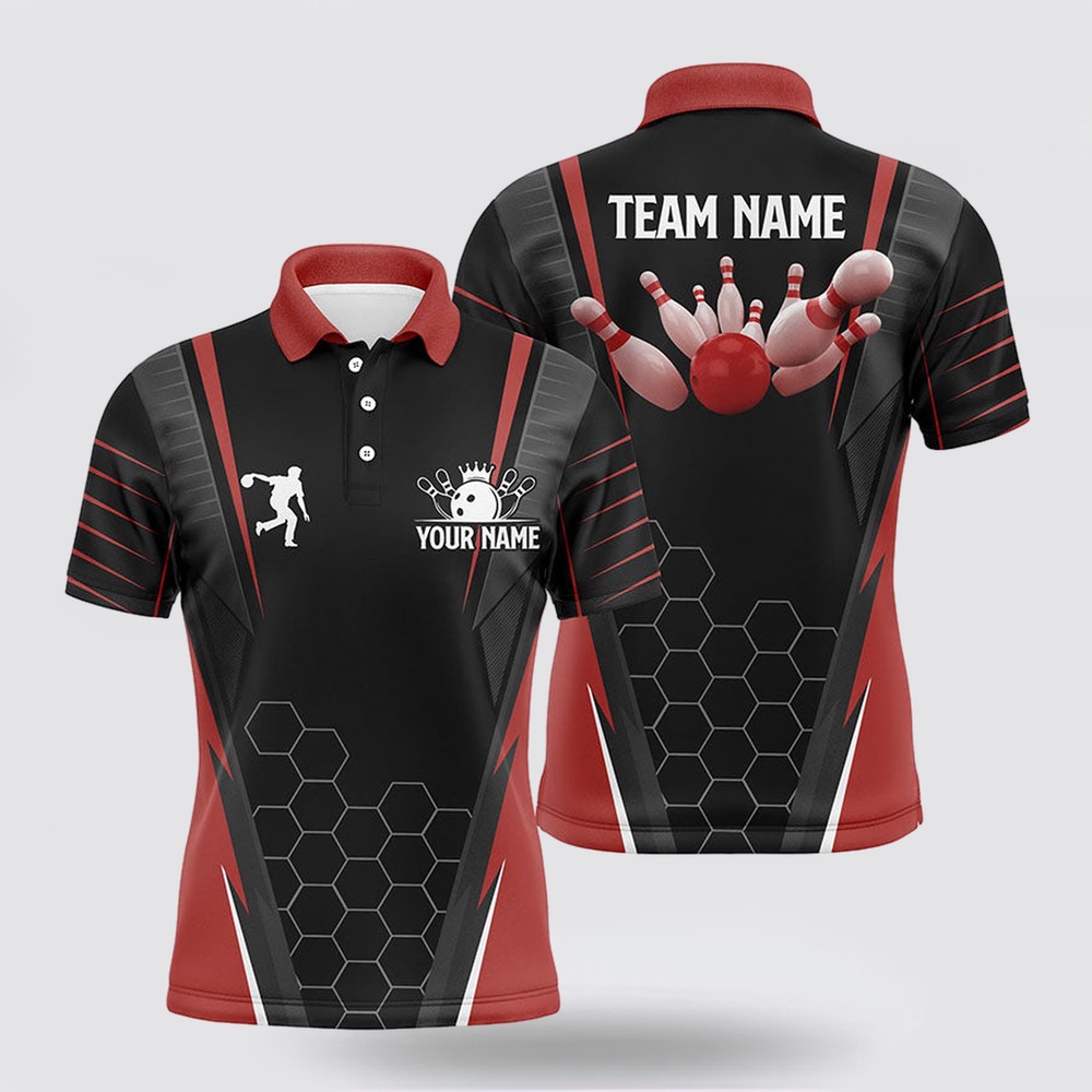 Bowling Polo Shirt, Black Mens Bowling Polo Shirt Custom Name Mens Bowlers Jersey, Team Bowling Outfits Red Bowling Polo Shirt, Black Mens Bowling Polo Shirt Custom Name Mens Bowlers Jersey, Team Bowling Outfits Red