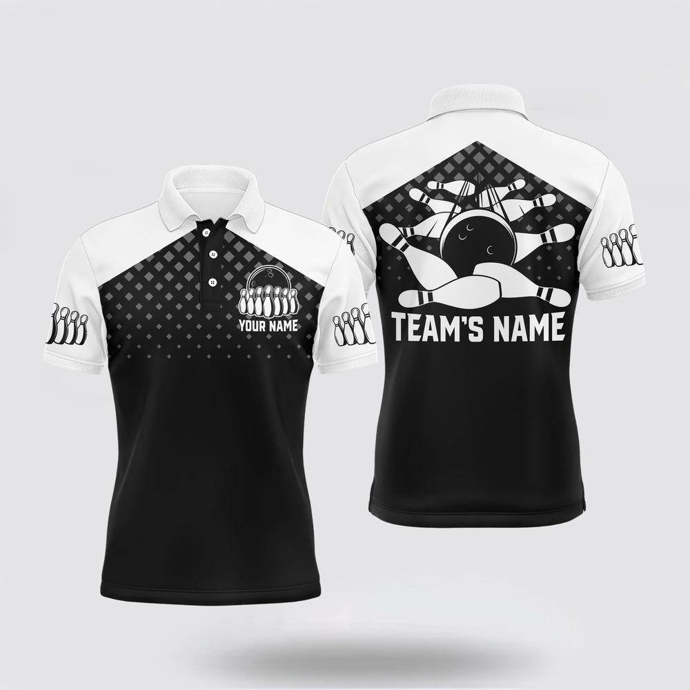 Bowling Polo Shirt, Black&White Bowling Polo Shirt, Custom Name&Team Name Bowling Shirt Men, Funny Bowling Jersey Bowling Polo Shirt, Black&White Bowling Polo Shirt, Custom Name&Team Name Bowling Shirt Men, Funny Bowling Jersey