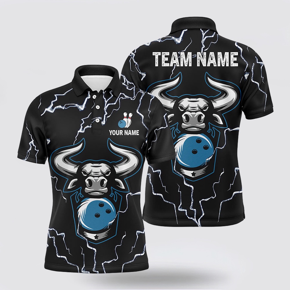 Bowling Polo Shirt, Bowling Bull Thunder Lightning Black Bowling Polo Shirts For Men Custom Bowling Team League Jersey