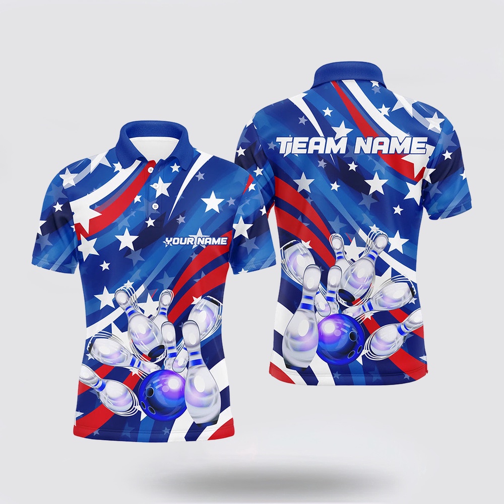 Bowling Polo Shirt, Custom American Flag Strike Bowling Polo Shirts For Men, Patriotic Bowling Team Jerseys