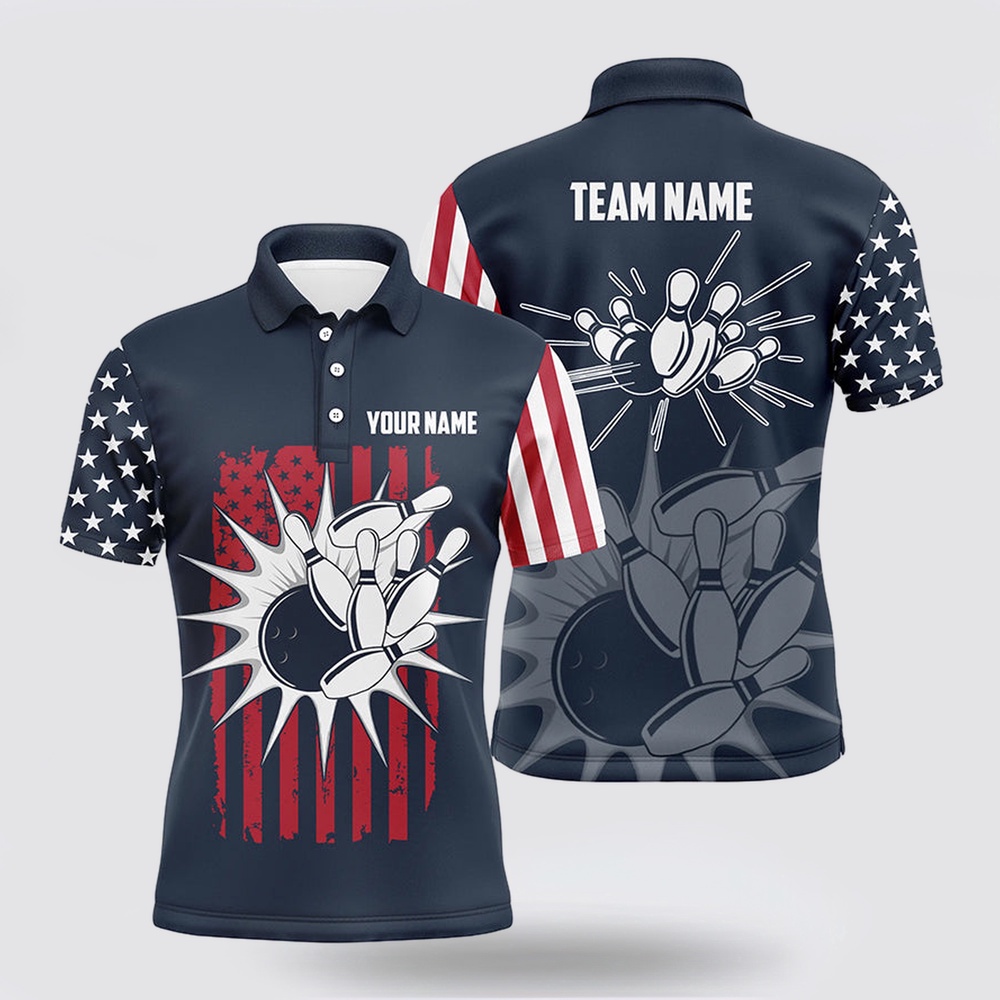 Bowling Polo Shirt, Custom Blue Bowling Polo Shirt For Men Retro Usa Flag Bowling Jersey, Bowling Team Shirt