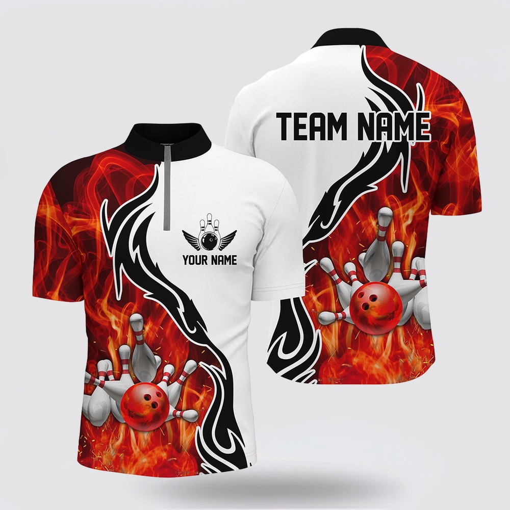 Bowling Polo Shirt, Custom Red Flame Bowling Polo Shirts For Men, Bowling Team Jerseys Bowler Outfit