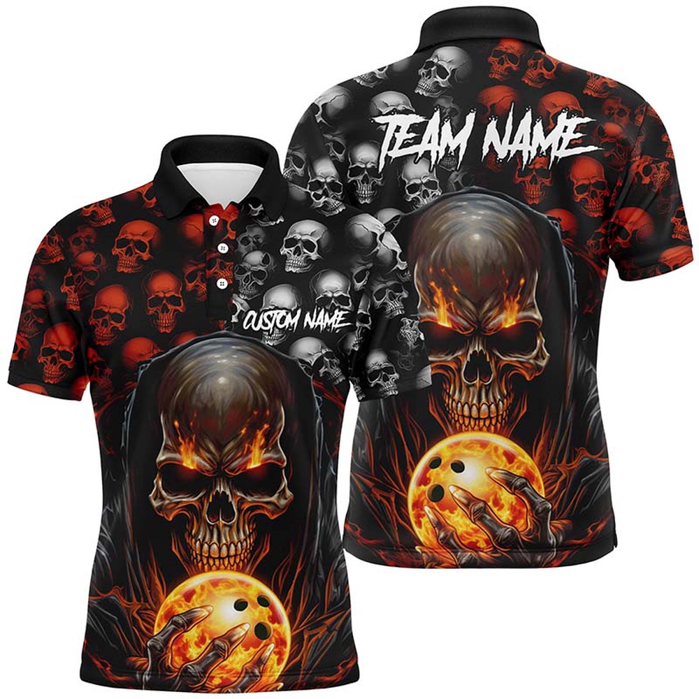 Bowling Polo Shirt, Custom Skull Bowling Mens Polo Shirts Bowling League Team Jerseys Bowling Halloween Outfits