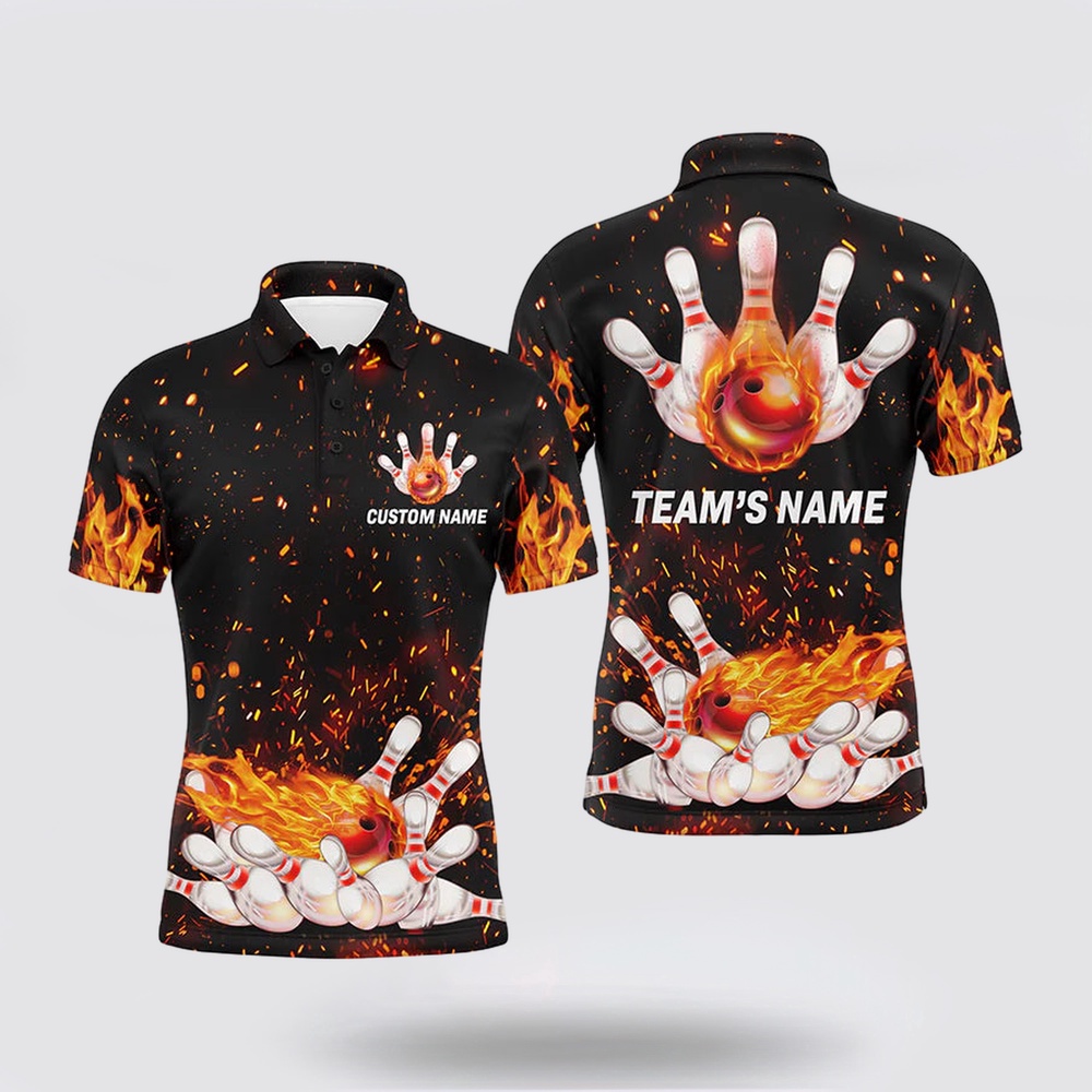 Bowling Polo Shirt, Flame Bowling Men Polo Shirt, Personalized Team Bowlers Jersey Short Sleeve Bowling Polo Shirt, Flame Bowling Men Polo Shirt, Personalized Team Bowlers Jersey Short Sleeve