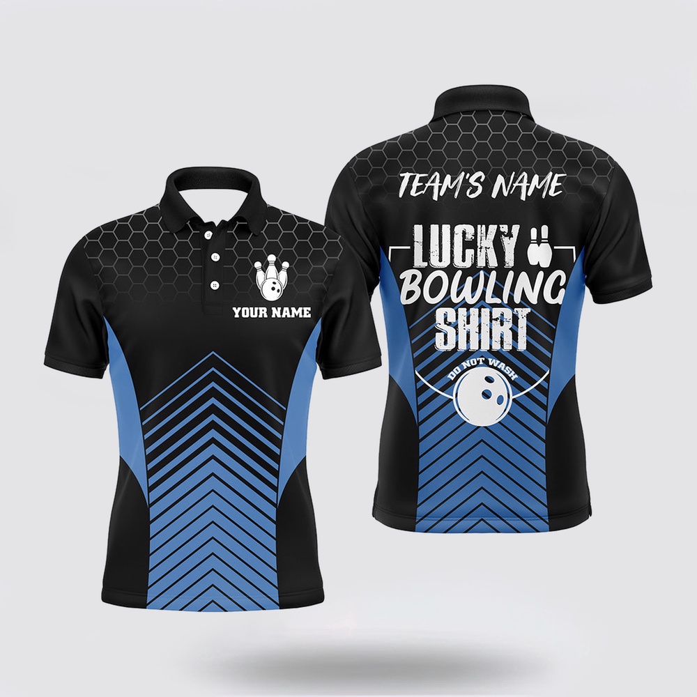 Bowling Polo Shirt, Lucky Bowling Shirt, Funny Blue Bowling Polo Shirt For Men, Custom Teams Name Bowler Jersey