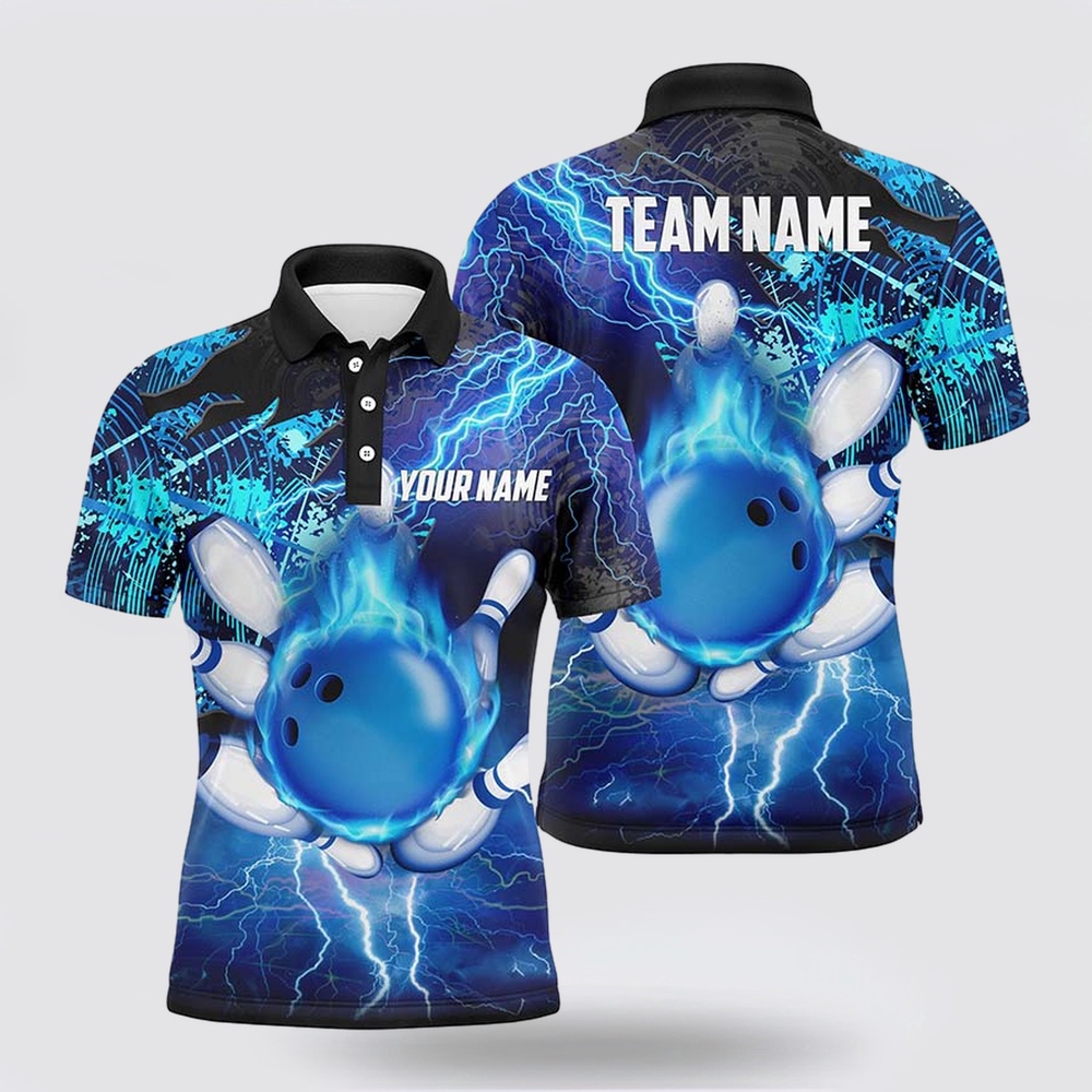Bowling Polo Shirt, Men Bowling Polo Shirt Custom Flame Lightning Thunder Team Bowling Jerseys For Ladies Blue Bowling Polo Shirt, Men Bowling Polo Shirt Custom Flame Lightning Thunder Team Bowling Jerseys For Ladies Blue