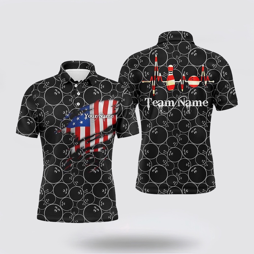 Bowling Polo Shirt, Men Polo Shirt Black Bowling Ball Customize Ameircan Flag Bowling Shirts For Men, Polo Bowling Shirt
