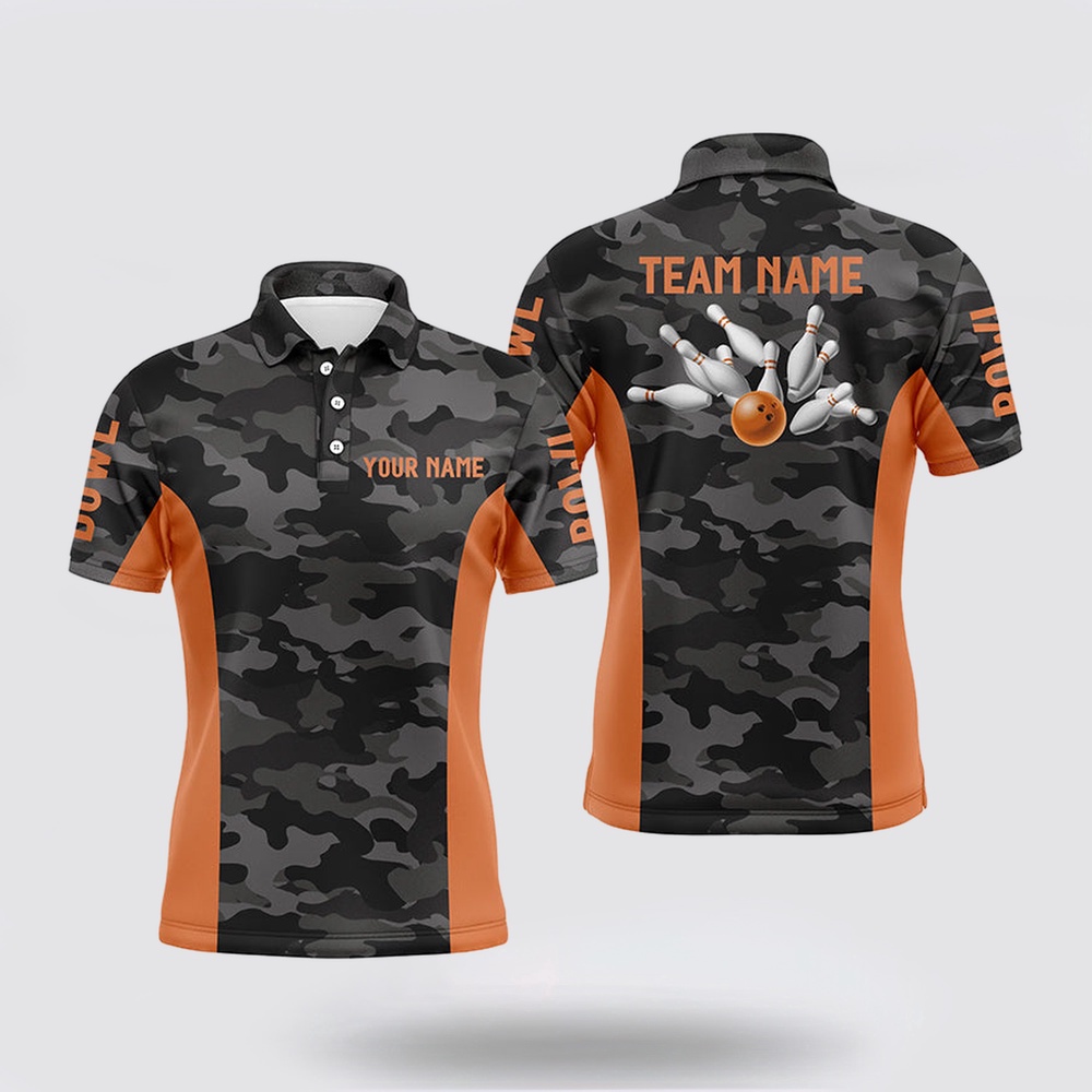 Bowling Polo Shirt, Mens Bowling Polo Shirts Custom Gray Camo Bowling Team Jersey, Bowling Team League Shirt  Orange