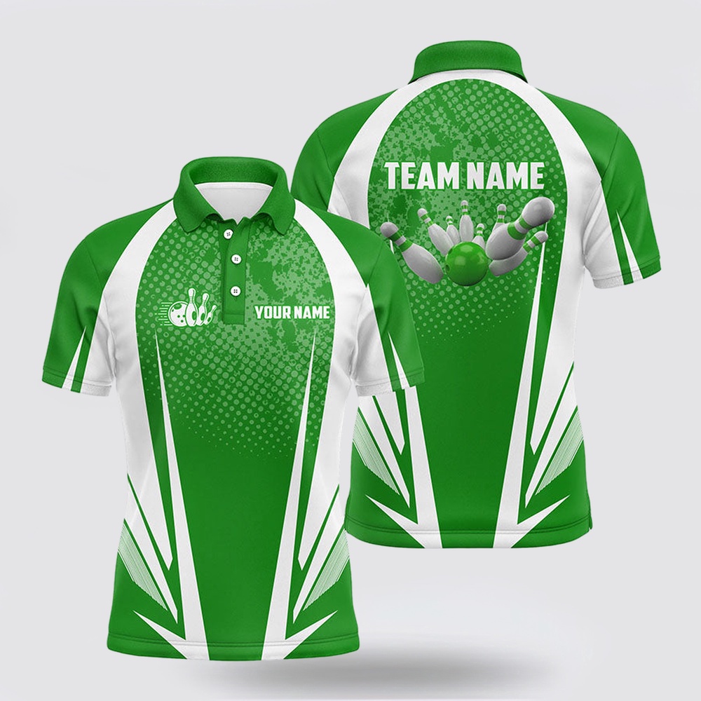 Bowling Polo Shirt, Mens Bowling Short Sleeve Polo Custom Bowling Ball And Pins Green And White Team Men Bowlers Jerseys Bowling Polo Shirt, Mens Bowling Short Sleeve Polo Custom Bowling Ball And Pins Green And White Team Men Bowlers Jerseys