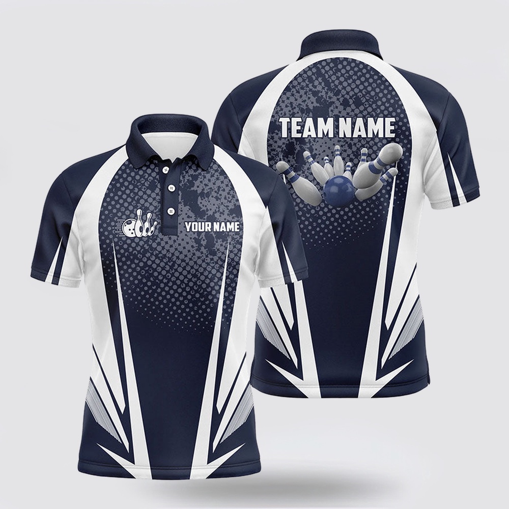 Bowling Polo Shirt, Mens Bowling Short Sleeve Polo Custom Bowling Ball And Pins Navy And White Team Men Bowlers Jerseys Bowling Polo Shirt, Mens Bowling Short Sleeve Polo Custom Bowling Ball And Pins Navy And White Team Men Bowlers Jerseys