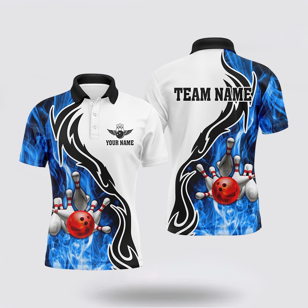 Bowling Polo Shirt, Mens Polo Bowling Shirt Custom Bowling Ball Pins Strike Team League Jersey, Bowl Gifts  Blue
