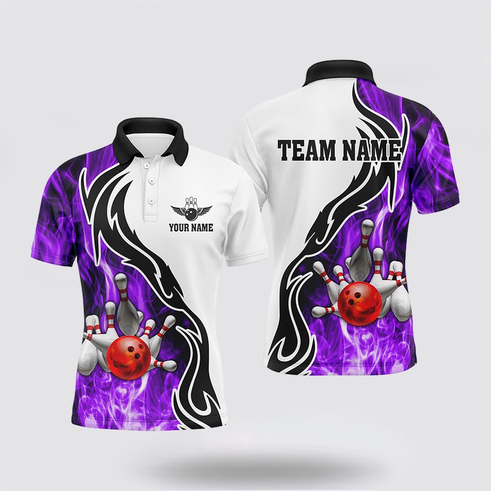 Bowling Polo Shirt, Mens Polo Bowling Shirt Custom Bowling Ball Pins Strike Team League Jersey, Bowl Gifts  Purple