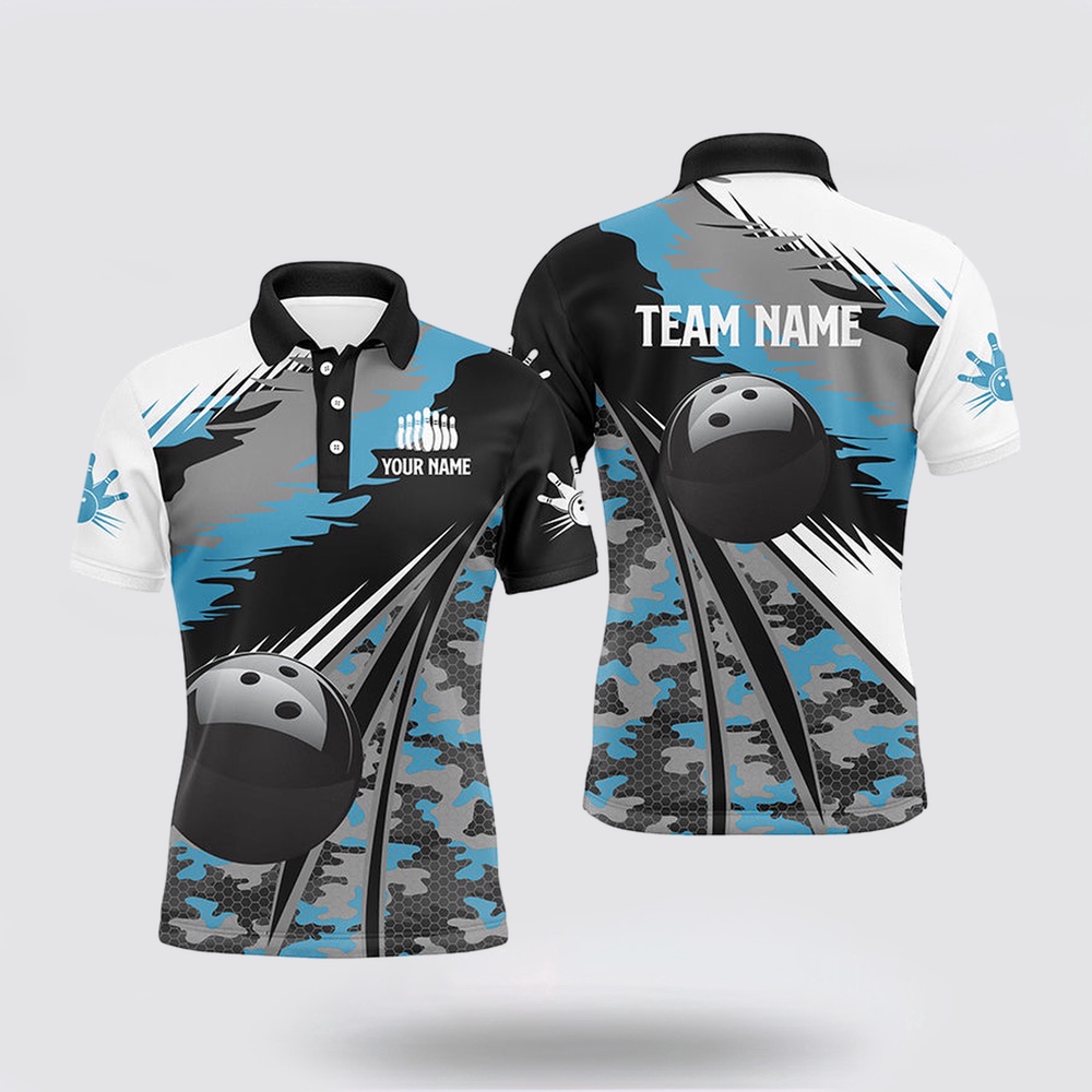 Bowling Polo Shirt, Mens Polo Bowling Shirts Custom Black Ball Blue Camo Bowling Team Jersey, Gift For Bowlers